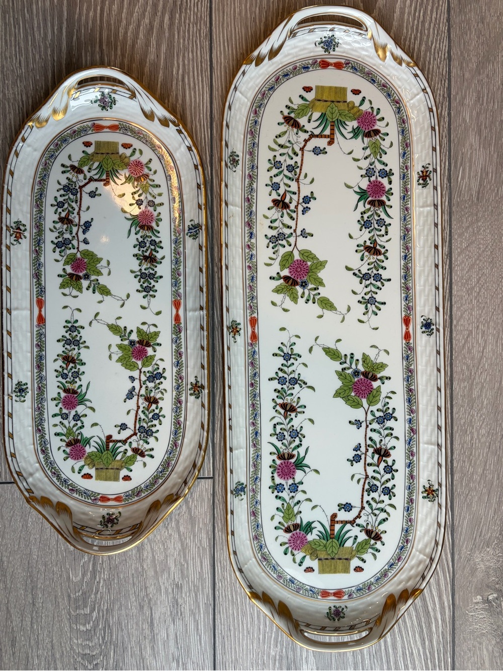 Herend Porcelain Floral Oblong Trays in Pink, Green & Gold